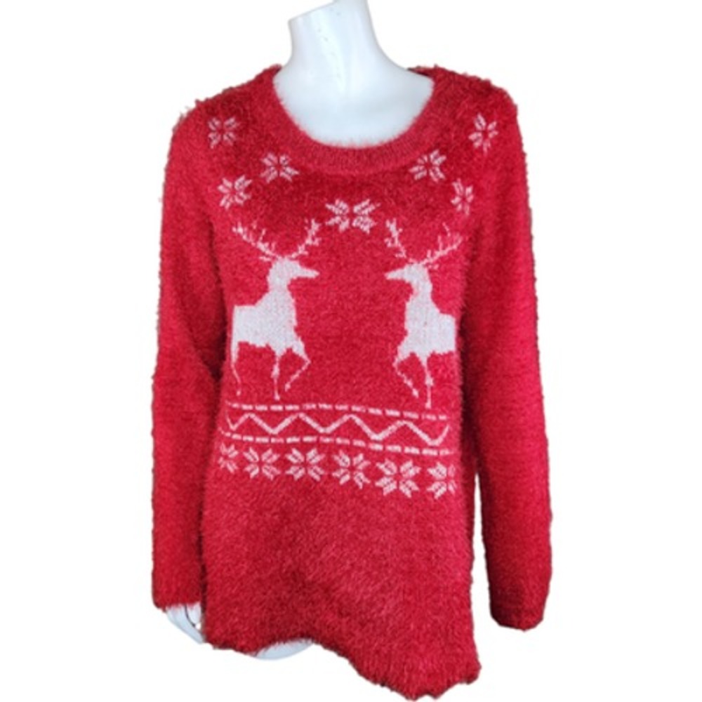 French Laundry Women's Large Fuzzy Ugly Christmas Sweater Reindeer Red Pullover‎